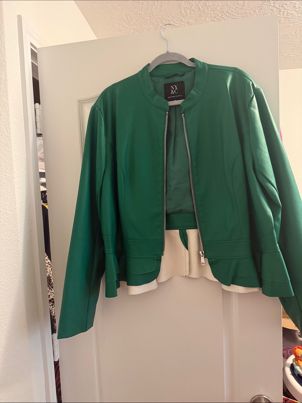 New York & Company Emerald Green Zip-Front Leather Jacket